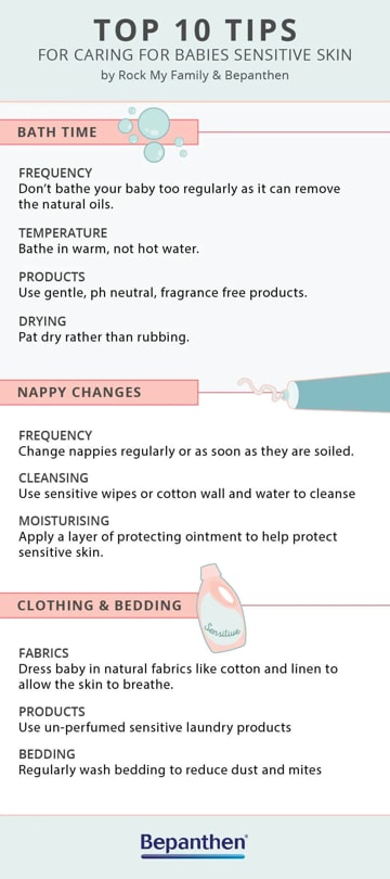 10 tips for taking care of babies' sensitive skin, including applying nappy care ointment every time you change a nappy.